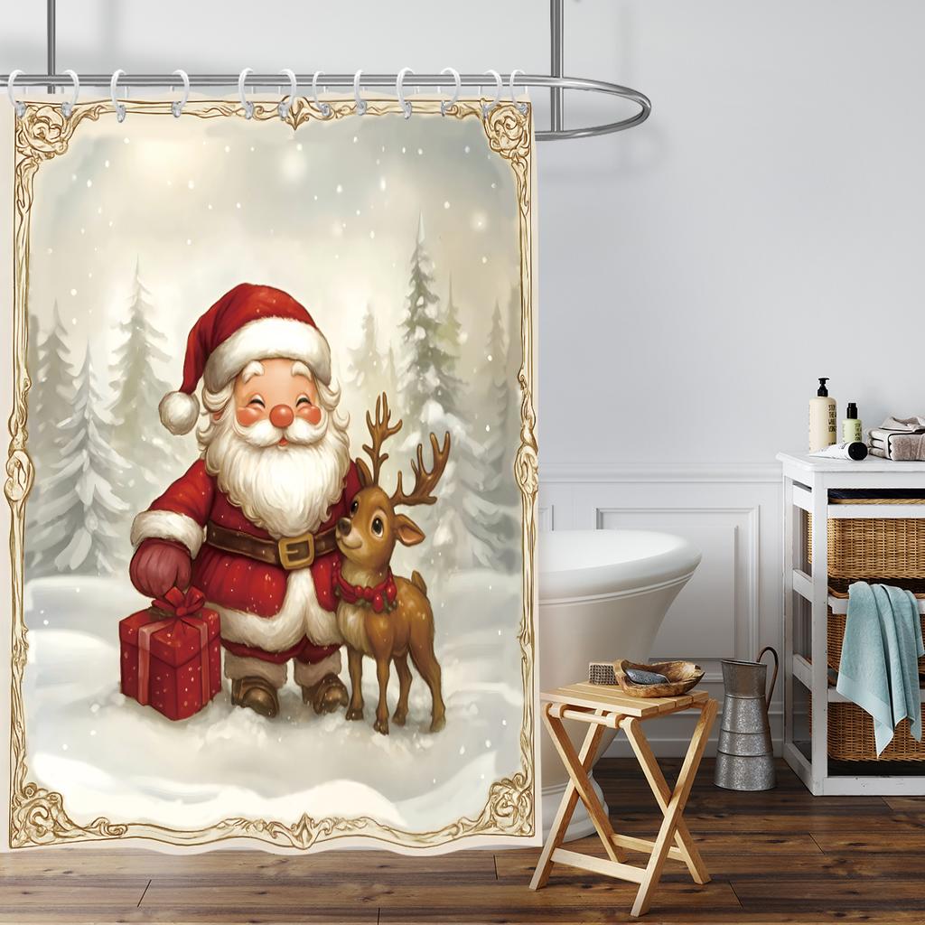1pc Santa Claus Reindeer Print Waterproof Shower Curtain Bathe Partition with 12 Hooks for Privacy Protection Easy Installatio