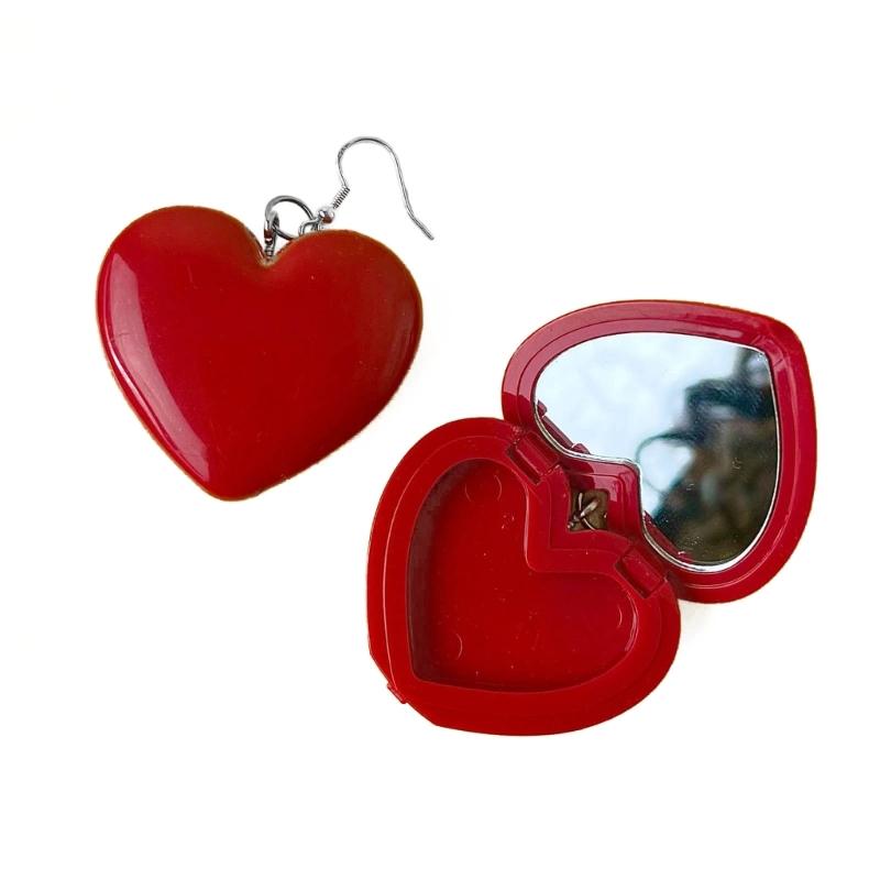 Minimalist Red Heart Earring with Mirror Pendant Hook Earring Jewelry Gift Acrylic Cosmetic Case Dangle Earring Women