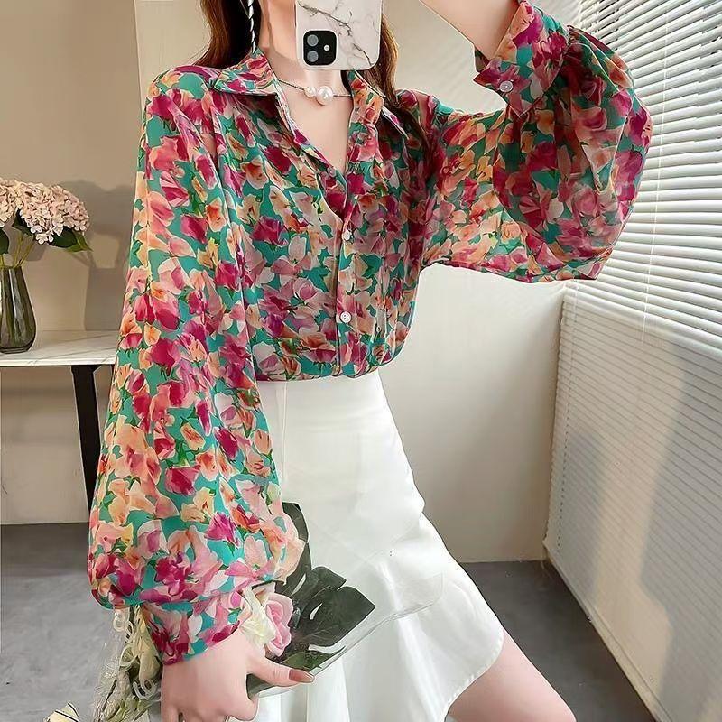 Retro Women's Printed Shirt Slim-fit Lantern Sleeve Floral Shirt Collared Chiffon Shirt Spring