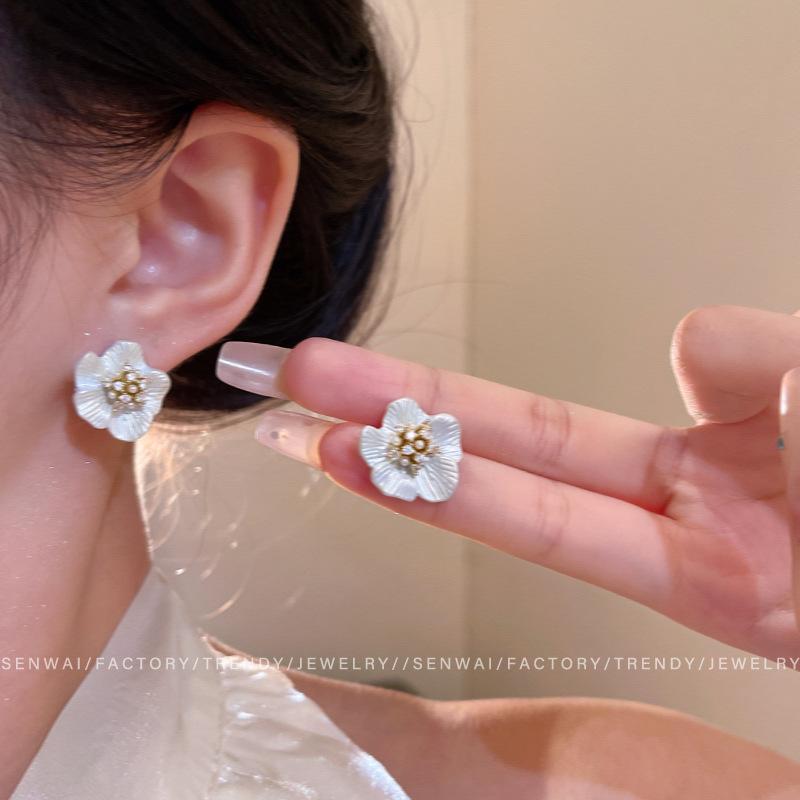 White texture five-petal flower stud earrings women s niche design earrings temperament fashion earrings