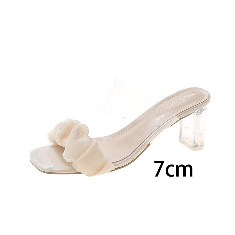 Mules d'été à clip pour femmes, à talons hauts et épais, décontractées, à bout carré, plissées, d'extérieur, à talons en cristal, sandales 5cm 7cm 9cm 34-42