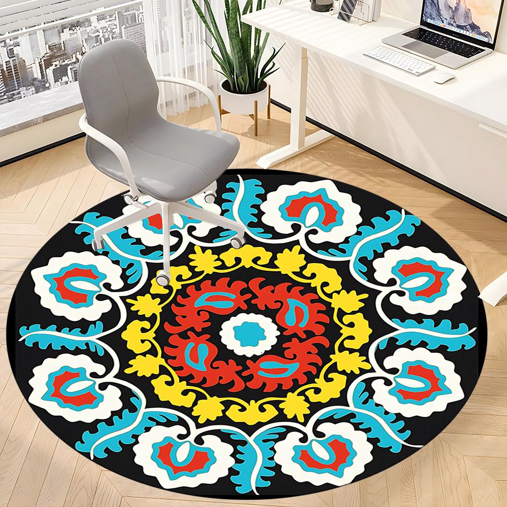 1pc Suzani Embroidery Pattern Carpet, Round Non Slip Durable Large Size Office Carpet, Suitable for Office