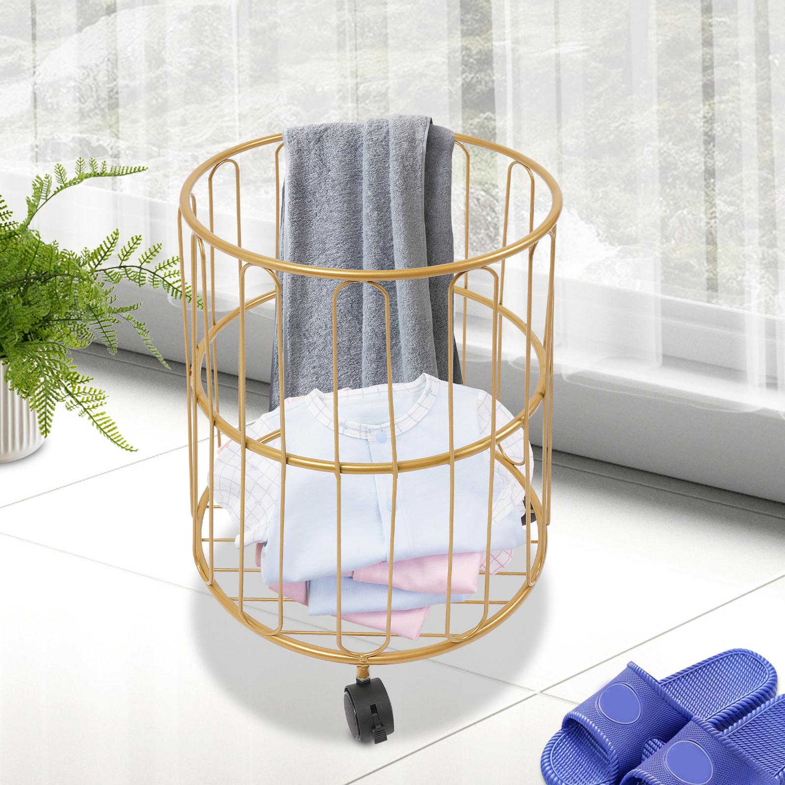 

Перекатывающаяся корзина для белья на колесах, круглая металлическая корзина для белья, складная тележка для хранения для организации дома, круглая корзина для одежды золотой