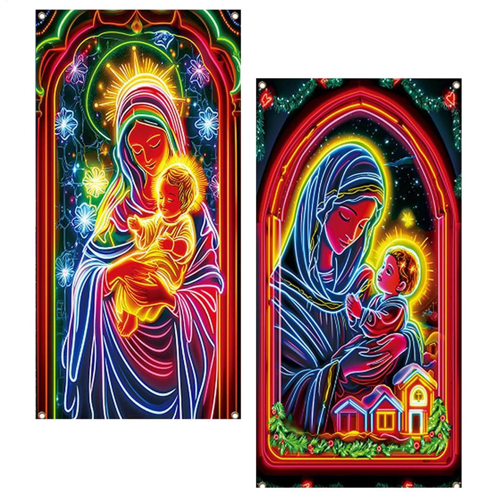 Christmas Door Cover Large Religious Fabric Backdrop Fluorescent Porch Sign Banner Holiday Party Home Church Garden Decorations