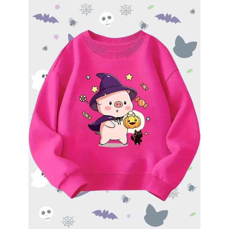 Halloween Theme Cartoon Pig Long Sleeve Crewneck Pullover Sweatshirt for Kids, Fun Round Neck Top for Boys And Girls, Suitable for All-Season Home