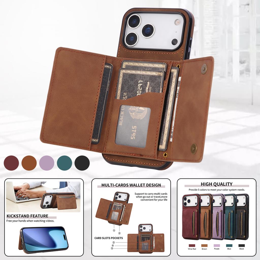 Leather Multi Wallet Cards Holder Phone Case for IPhone 17 Air 16E 16 Pro Max 15 Plus 14 13 12 Mini 11 XR X XS Protective Cover