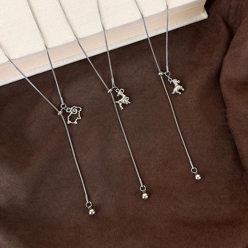 Silver Splicing Pull Asymmetric Sheep Pendant Necklace Long Sweater Chain Anti-Fade Trendy Jewelry for Music Festival Accessory