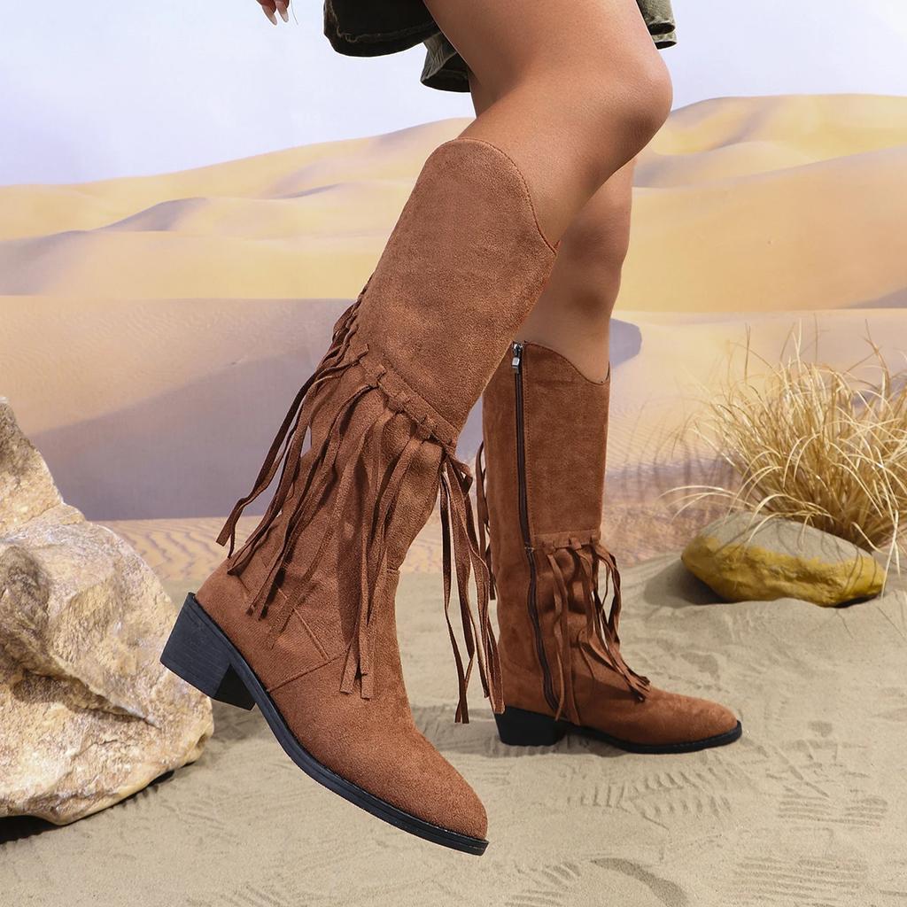 Fashion Women Shoes Bohemian Outdoor Mid-calf Boots Women 2024 New Winter Fashion Faux Suede Ethnic Tassel Woman Boots Botas De Mujer