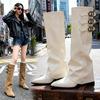 Soft Leather Niche Pointed Inner Heightening Trouser Boots Women's Belt Buckle White But Knee Boots Wedge Heel Knight Boots