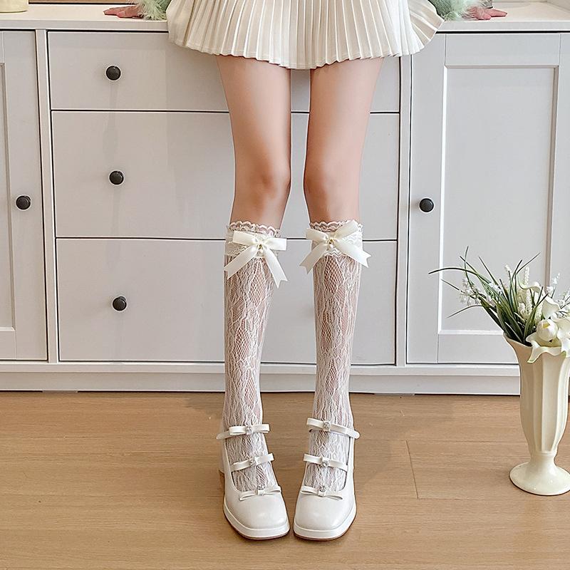 

Кружевные гольфы женские летние тонкие с жемчужным бантом длинные белые милые гольфы до колена 1 pair бежевый