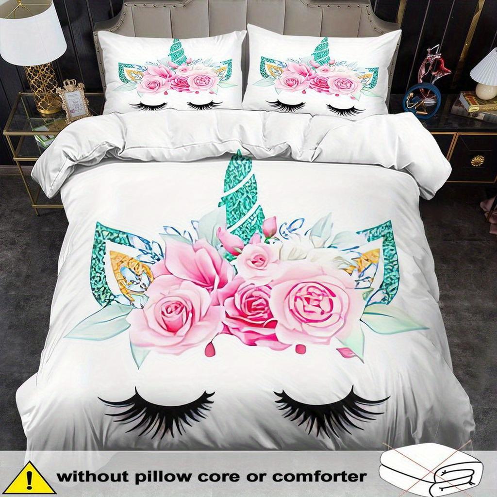 Cartoon Rainbow Print Unicorn Duvet Cover Set Multi Size Quilt Cover Queen Size Bedroom Bedding Decoration Machine Washable Adult Boy Girl