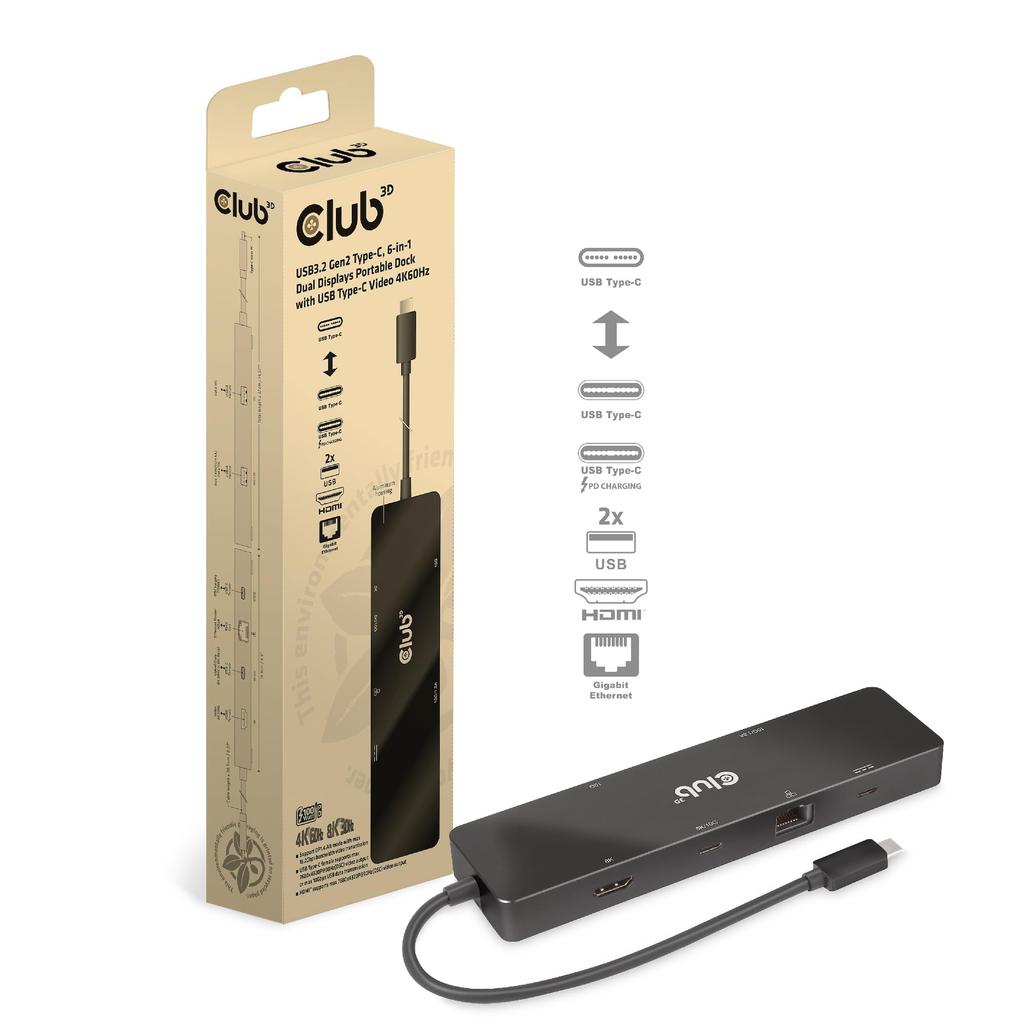 Club 3D USB Gen2 Type C Hub with C Dual 8K30Hz 4K120Hz 2x USB USB C and USB C 100W 6-in-1 HDMI/USB Display, (DSC) / (DSC), A, RJ45, 10Gbps, PD3.0