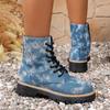 Fashion Thick Bottom Denim Ankle Boots Women 2025 Autumn Fashion Tie-Dye Side Zip Western Cowboy Boots Woman's Platform Shoes Plus Size