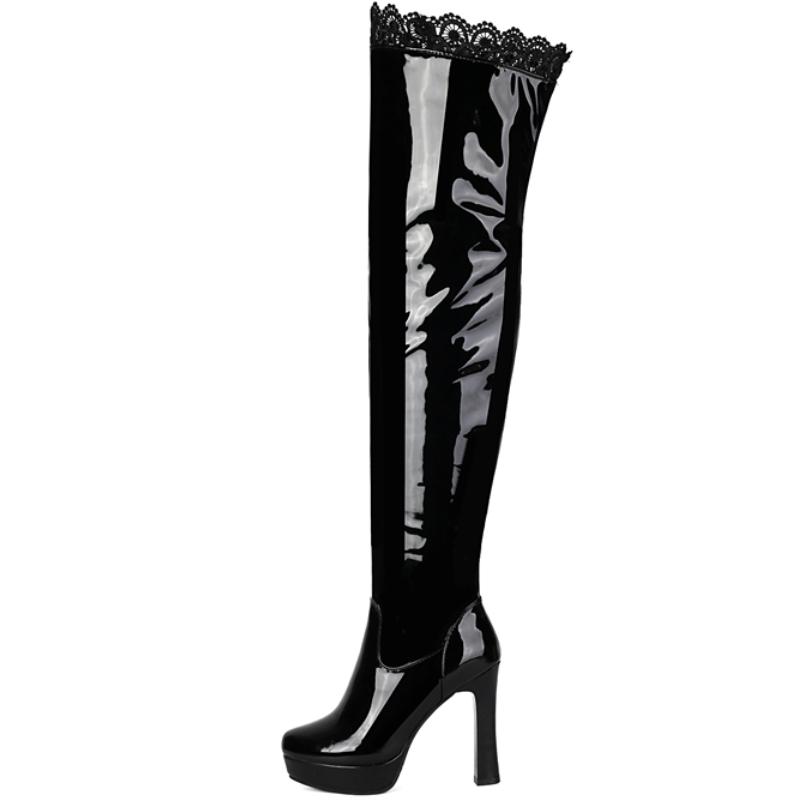 Sexy Thigh High Boots Women Platform High Heels Over the Knee Boot Patent Black White Long Nightclub Shoes Lady Large Size 48