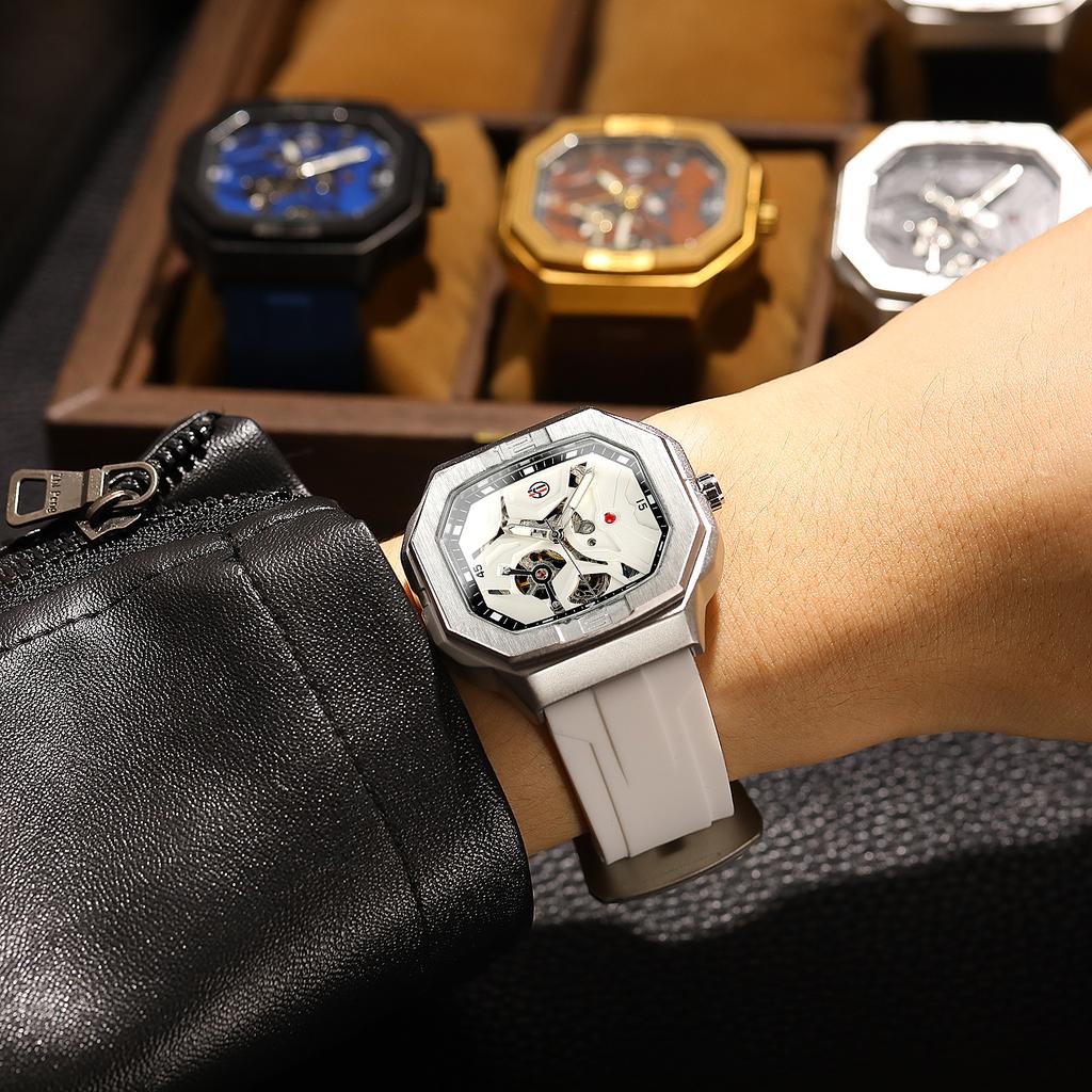 Forsining Mens Skeleton Automatic Self Wind Mechanical Movement Watches Waterproof Luminous Square Dial Silicone Strap Wrist Watch