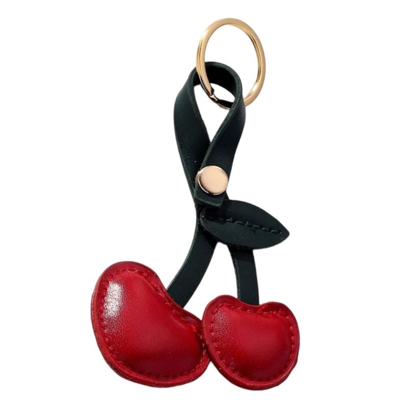 Creative Cherry Keychain Leather Fruit Double Heart Key Chain Pendant Bag Ornament Accessories for Car Key Bag Purse
