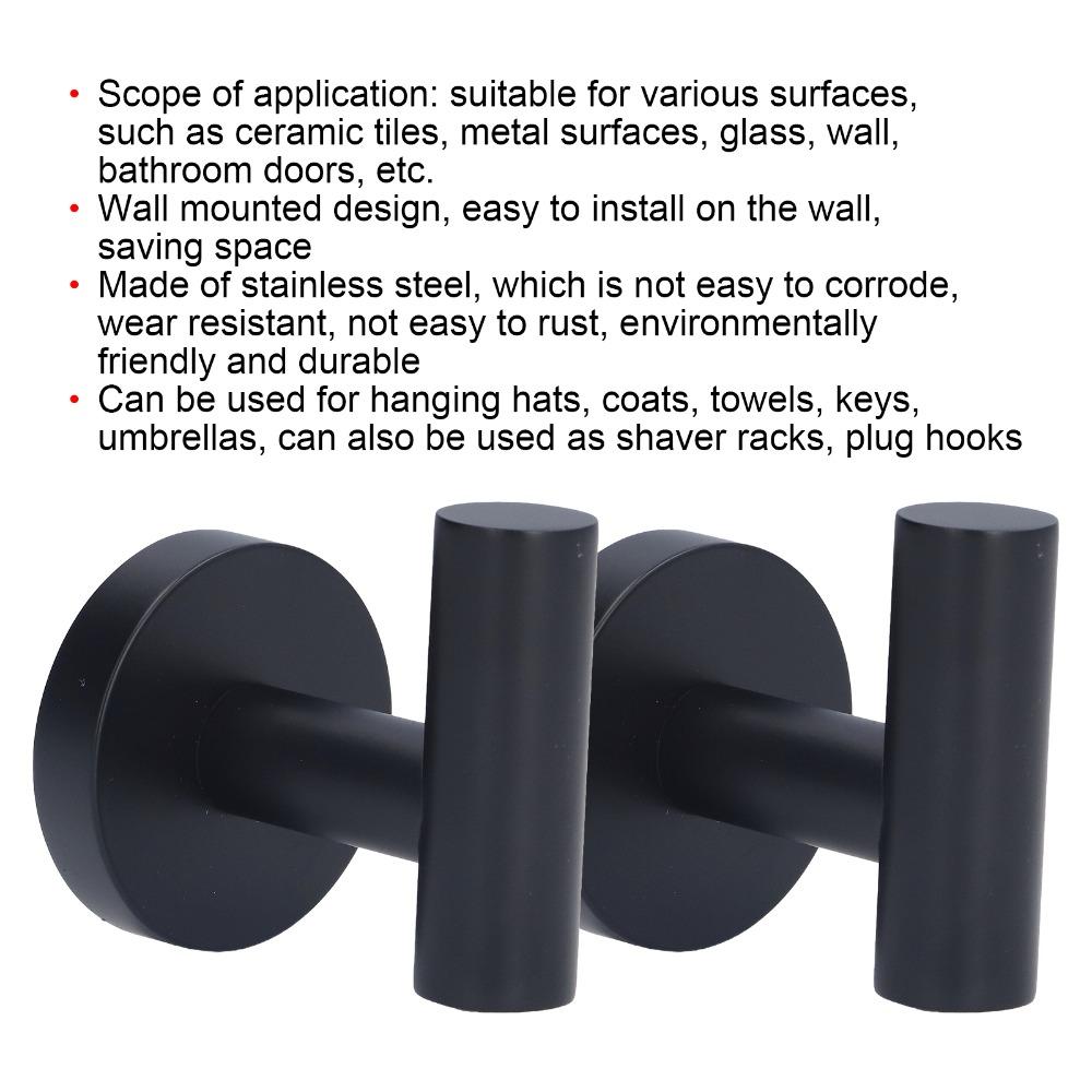 2 PCS Black Robe Hook Compact Design Coat Hook Stable Towel Hook Bathroom Kitchen Garage Closet