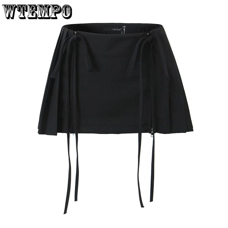 WTEMPO Girl's High Waist Double Drawstring Zipper Short Skirts Women's Solid All-match Pleated A-line Mini Skirts
