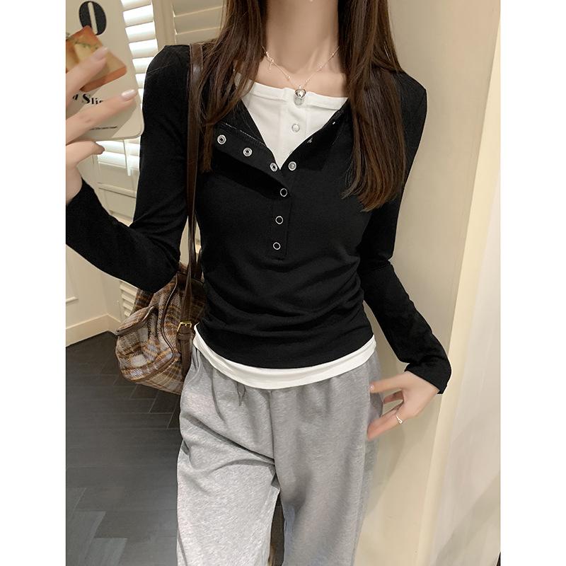 American Fake Two-piece Button-down Half-open Collar Long-sleeved Women's Autumn Shoulder T-shirt with Tight Waist and Base Layer Top