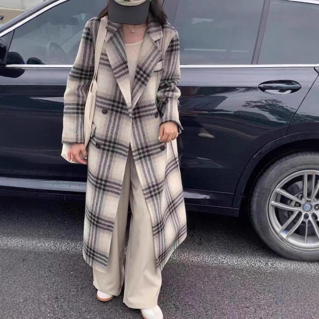 New Fashionable Versatile High-end Korean Three-line Plaid Double-sided Wool Women's Coat