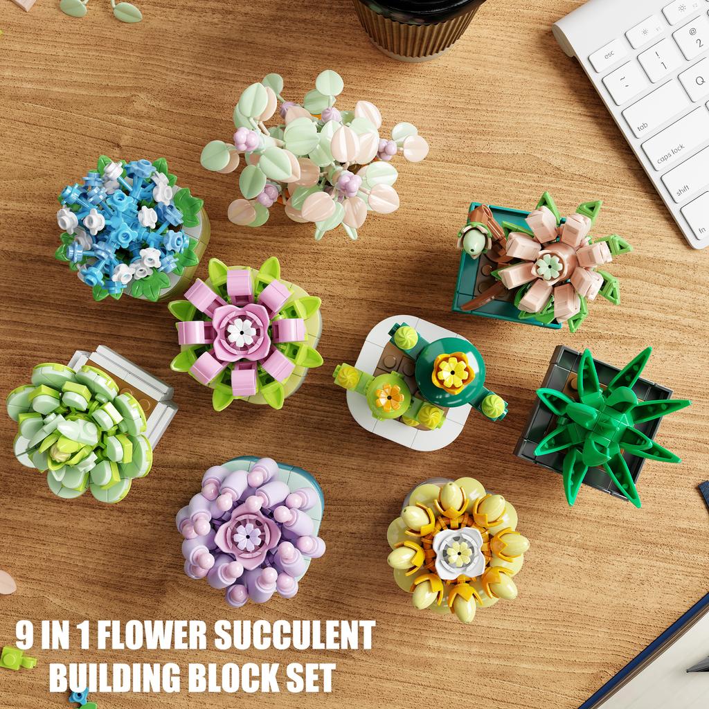 832PCS Succulent Plant Potted Building Block Flower Model Puzzle Toys Sets Desk Decor New Year Christmas Birthday Gifts