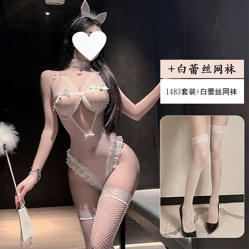 Erotic Underwear Sexy Bell Cat Girl One-piece Lace Seductive Beaded Chain Steel Ring Gathering Pajamas Uniform 1483