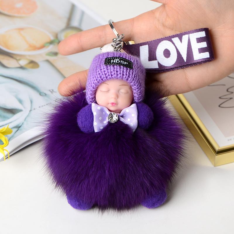Pompom Sleeping Doll Keychain Cute Fluffy Plush Doll Keychains Women Girl Bags Keyrings Cars Key Ring Gift Charming Decoration