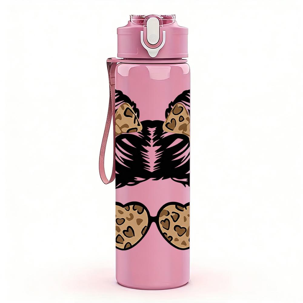 1PC Leopard Space Bun Sunglasses Graphic,750ml Color Plastic Sports Water Bottle,Leakproof Flip Straw Lid,Suitable for Sports Office Home Use