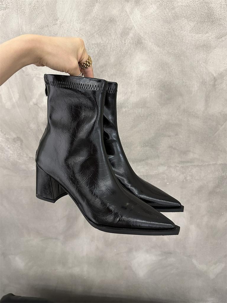 Autumn and winter pointed head thin thick heel middle heel short boots rear zipper versatile high heel thin boots women's shoes