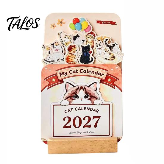 Floral And Cat Theme Calendar 2027 Flower Desk Calendar, English Tabletop with Wooden Base, Monthly Planner For & Decorative for Office Home