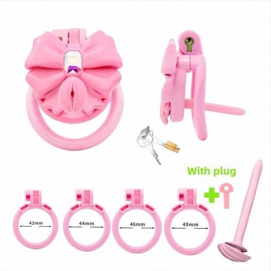 Pink Bow-Tie Flat Chastity Cage Positive/Negative Cock Cage Urethral Chastity Device SM Sex Toy Peins Plug ChastityBelt for Men