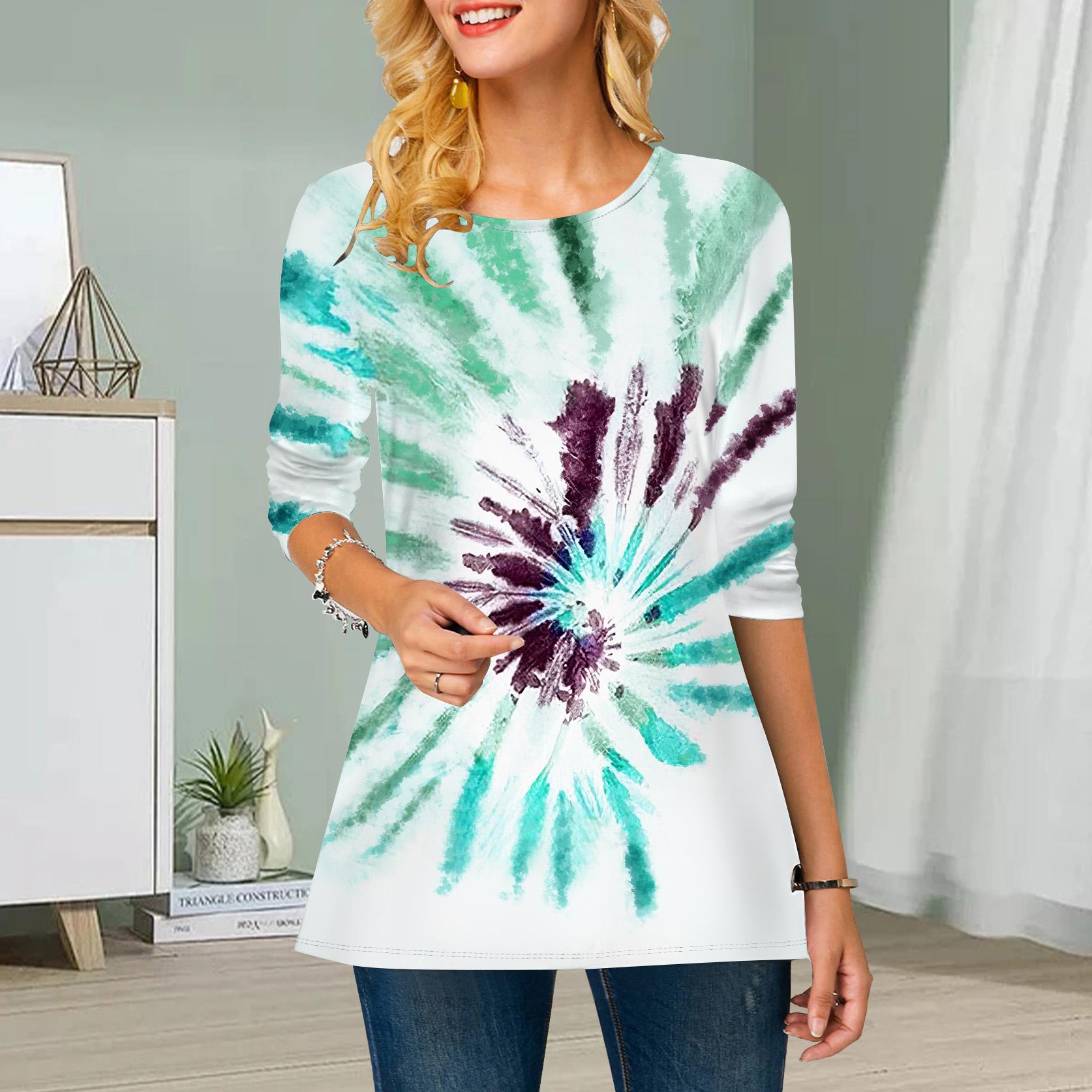 

Плюс Размер Женский Цветочный Tie-dye Принт Круглый Вырез Повседневный Свободный Длинный Рукав Топ 8XL циан
