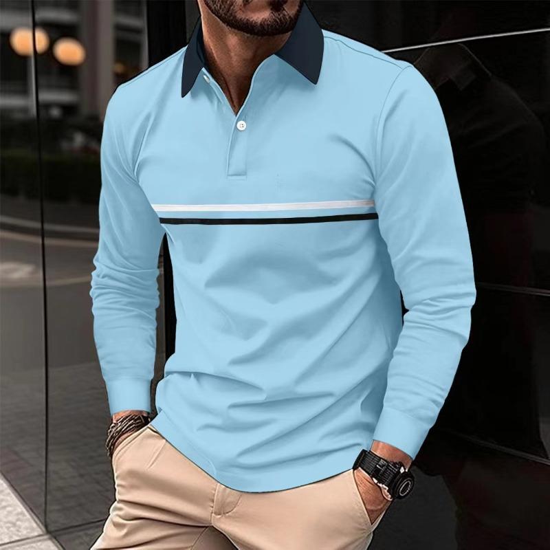 Autumn men's casual solid color POLO shirt with lapel button and men's long sleeved striped POLO shirt