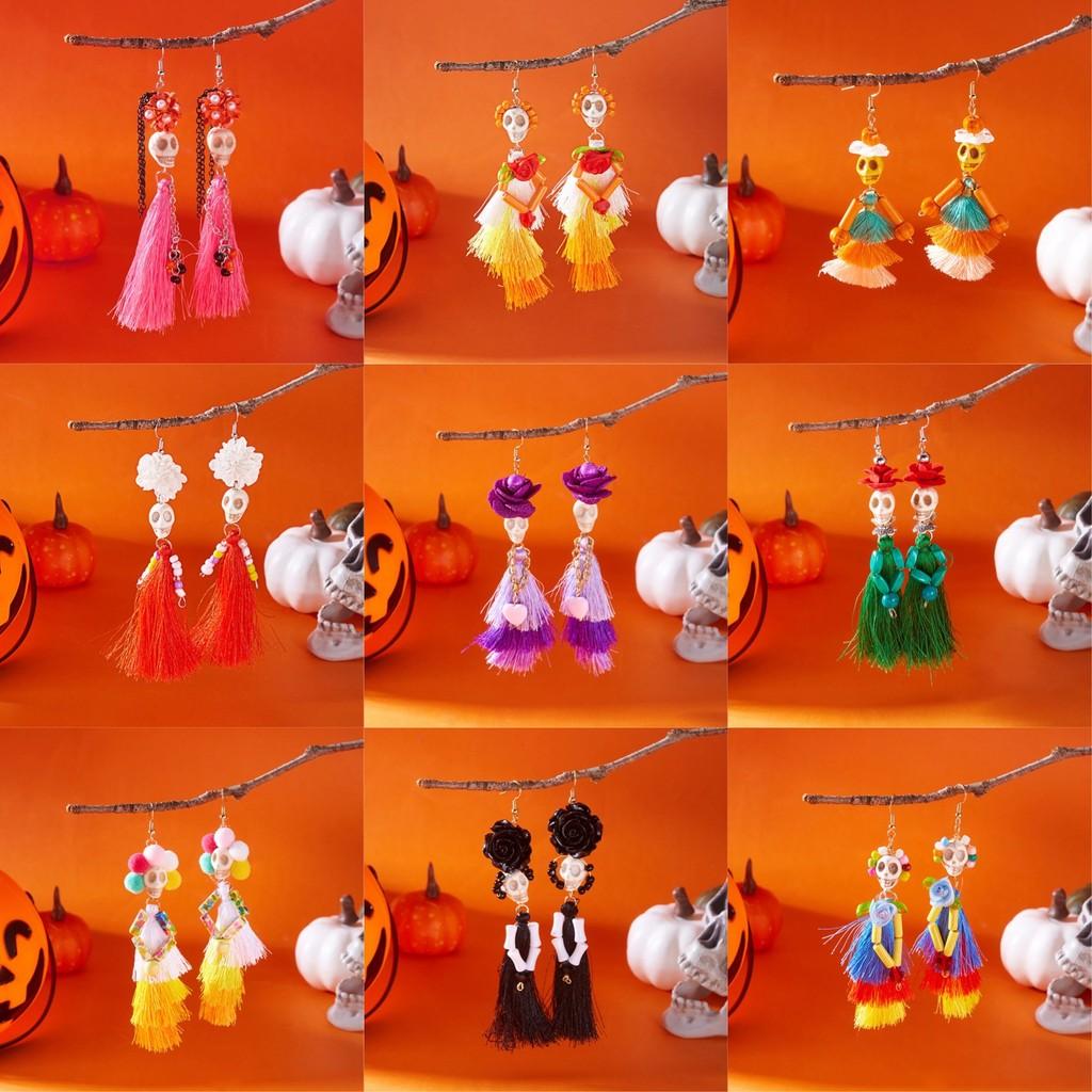 Skeleton Skull Tassel Earrings With Resin Material For Festive Halloween Wear