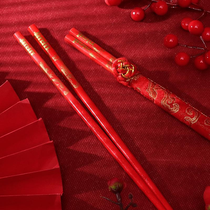 Wedding Dragon & Phoenix Chopsticks with Brocade Sleeve - Lucky Disposable Favor