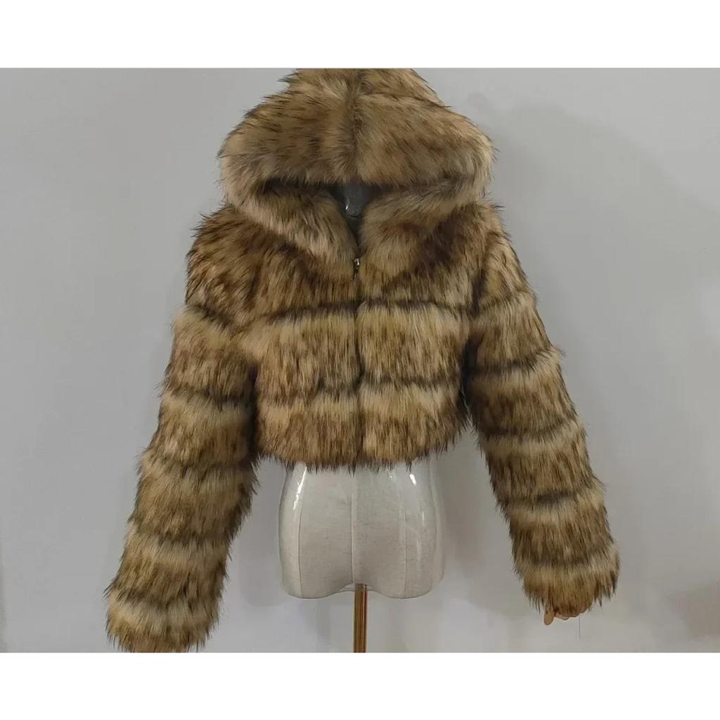 VAYLA Herbstlicher, flauschiger Kunstpelzmantel für Damen, flauschiger Kapuzenmantel, gerader Schnitt, kurze Winterpelzjacke, modische Streetwear, neu