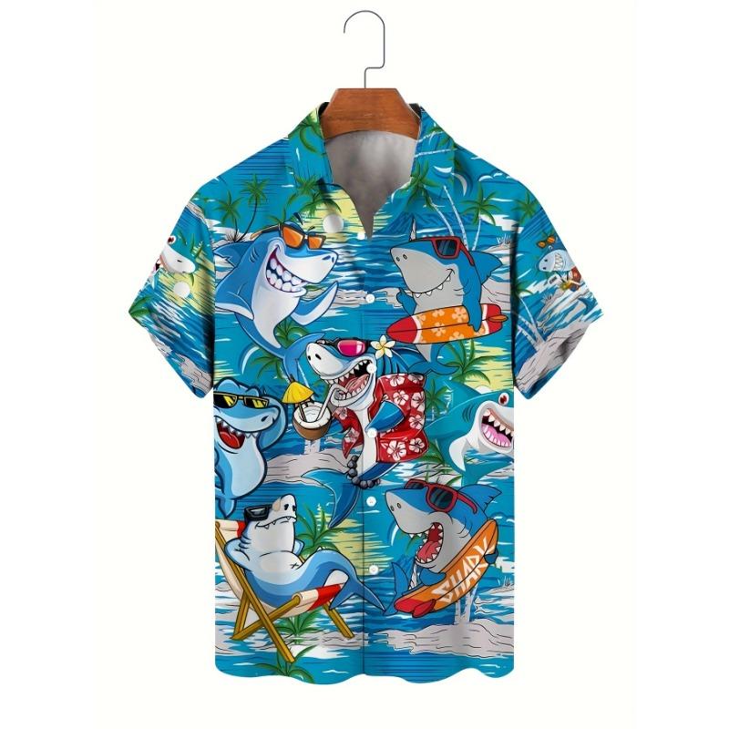 

Мужская гавайская рубашка с 3D-принтом акул - Яркая тропическая с коротким рукавом, V-образным вырезом, на пуговицах XS