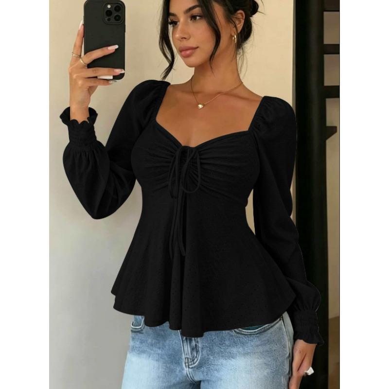 Women V Neck Drawstring Ruched Solid Color Loose Long Sleeve Casual T Shirt