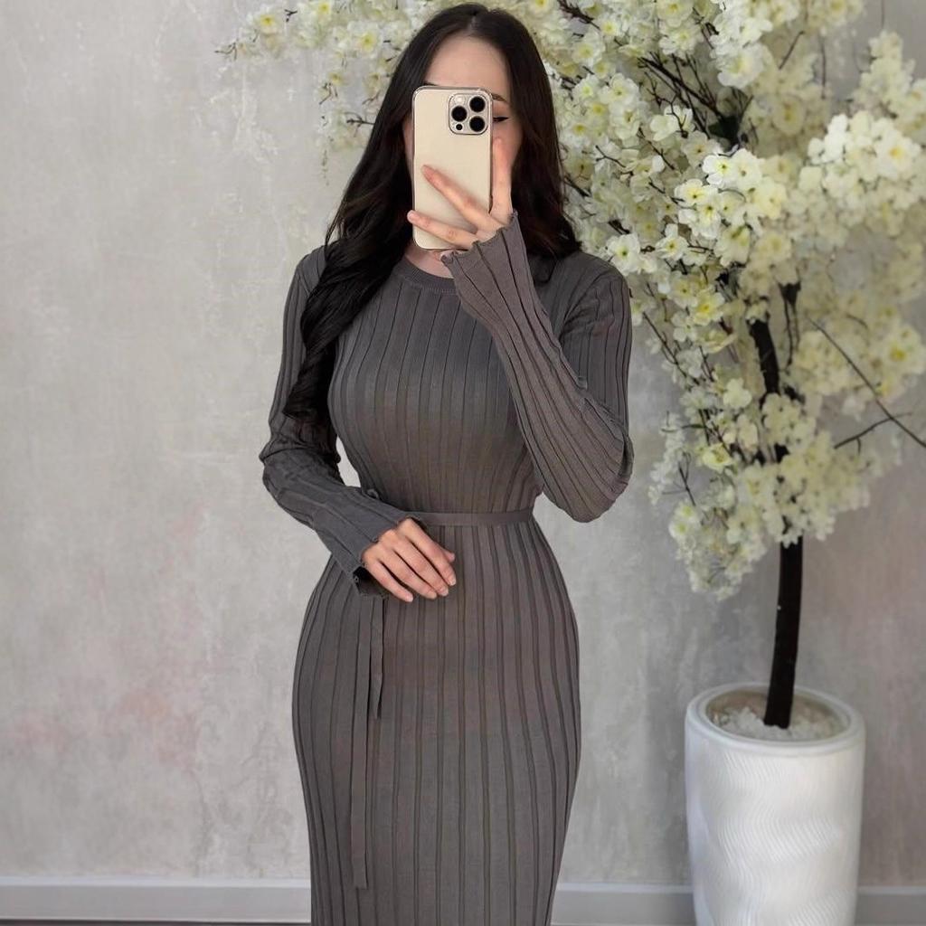 Amazon 2025 Autumn and Winter New Knitted Dress Casual Waist Round Neck Big Pit Strip Thin Knitted Dress Women