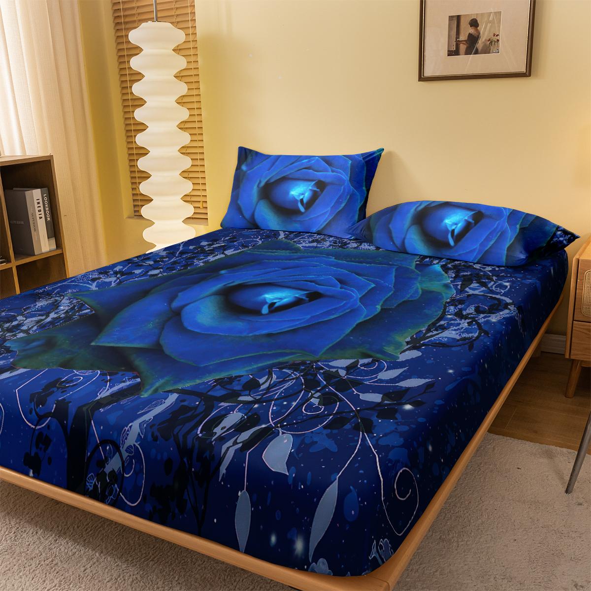 

1 Simple Modern Plant Flower Blue Rose Digital Printed Frosted Fitted Sheet,bedroom Printed Bed Cover,bedding(No Pillowcase) 71x132cm