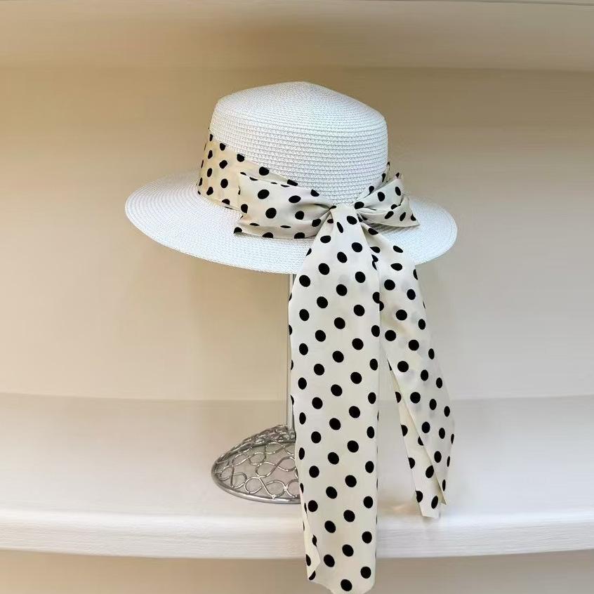 Straw Fisherman's Hat Polka Dot Bow Ribbon Flat Top Top Hat Versatile Sunscreen Sun Hat Straw Hat
