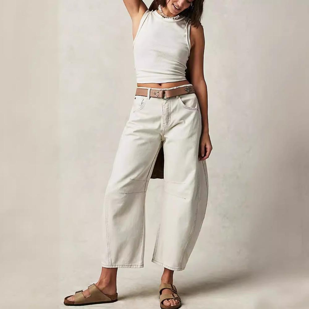 Damen Jeans mit mittlerer Taille, locker, weiter Beinschnitt, Vintage-Waschung, lange Denim-Hose, lässige Streetwear Hosen