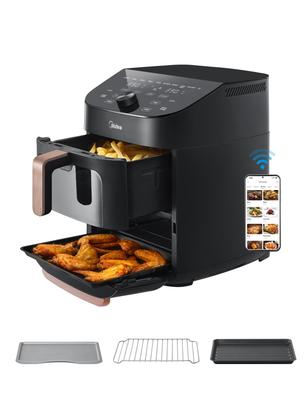 Friggitrice ad Aria Calda, Midea, Doppio Cestello, Sincronizzazione Smart WiFi con Alexa, 11L XL Salvaspazio Verticale
