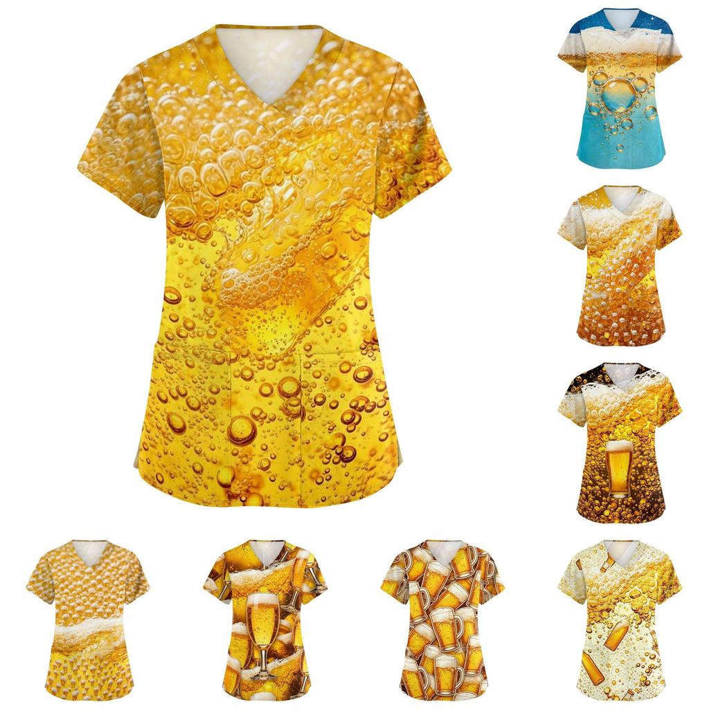 Womens V Neck Short Sleeve Work Shirt With Pockets Oktoberfest Beer Print Top Medical Scrub Style Uniform