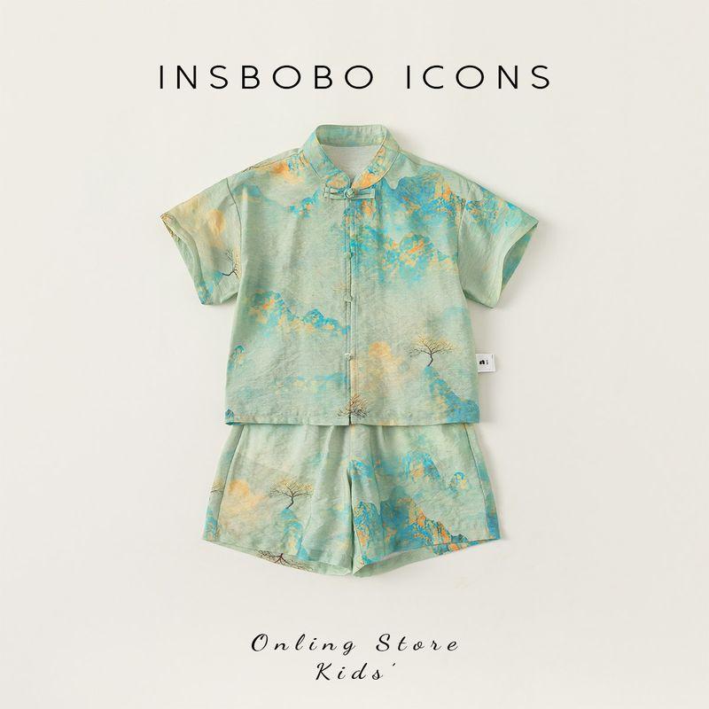 Insbobo Kidsren s Suit 2026 Summer New Fashion Chinese Style Boys  New Chinese Style Two-Piece Casual Trendy Set Green 100