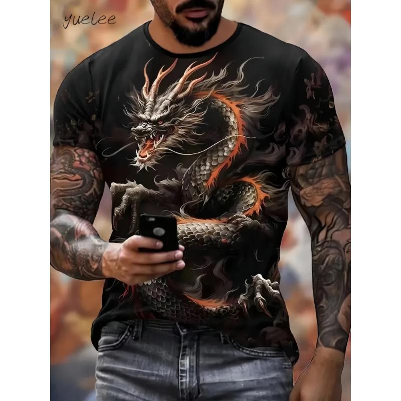 Vintage Dragon Pattern Men's T-Shirts Summer Outdoor Men's Clothing Round Neck Men Short Sleeved Tee Printing Breathable Men Top