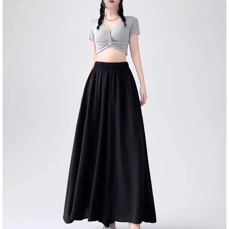 Women Elastic Waist Textured Wide Leg Maxi Skirt