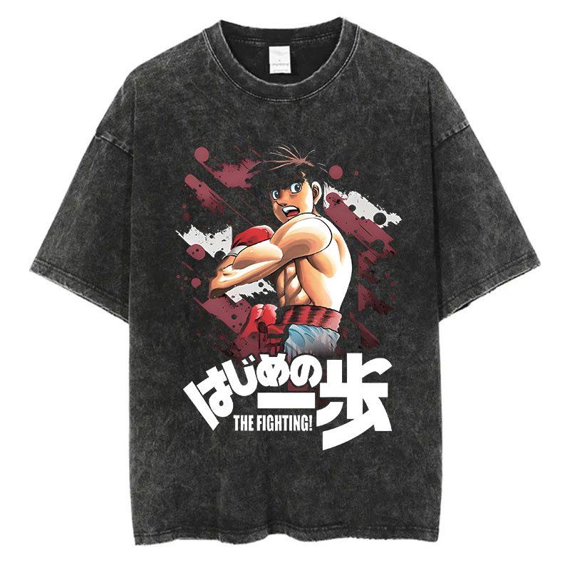 Loose Design Retro Washing Black Cotton Washing Cartoon Old Street Short-sleeved Men's T-shirt