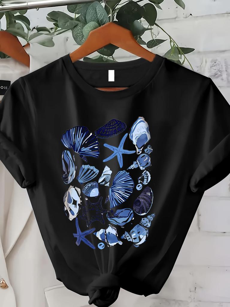 Women's Soft Seashell Print T-Shirt - Casual Crew Neck Short Sleeve Top for Spring & Summer Blue Marine Life Design