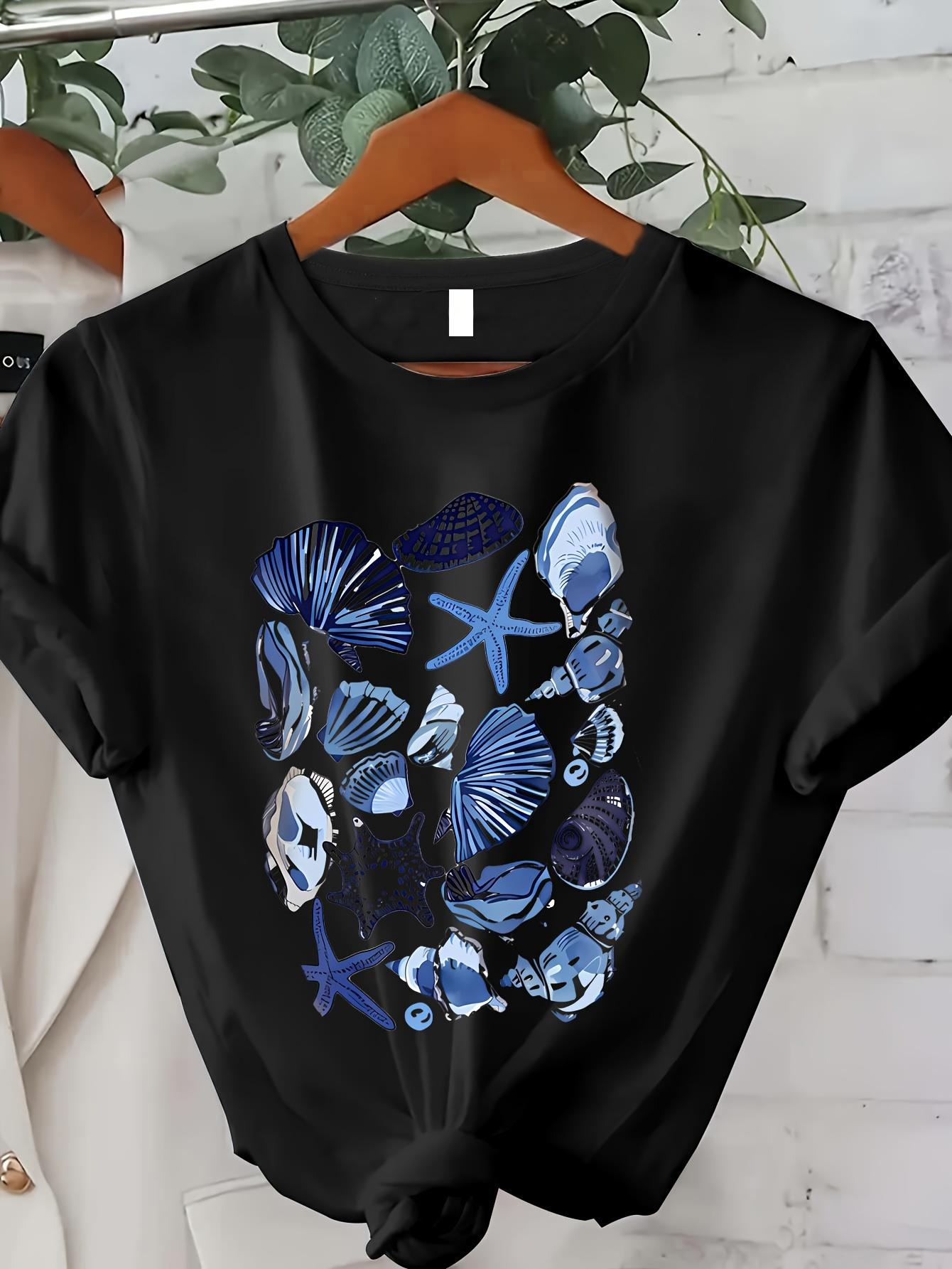 

Women s Soft Seashell Print T-Shirt - Casual Crew Neck Short Sleeve Top for Spring & Summer Blue Marine Life Design 4XL